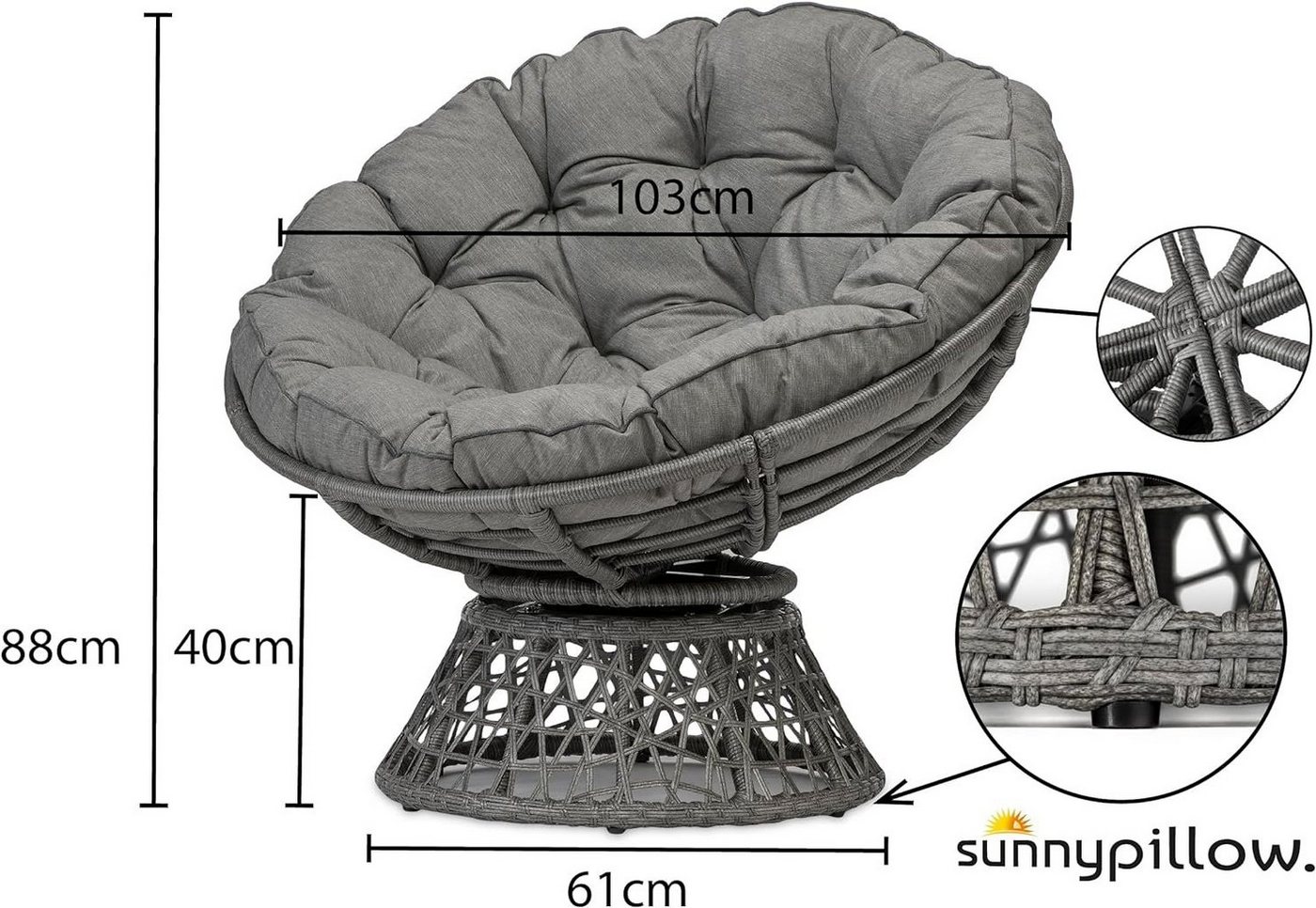 sunnypillow Rattanstuhl Papasansessel, Rattansessel mit Kissen rund Durchmesser 120 cm, Grau – Bild 2 von 5