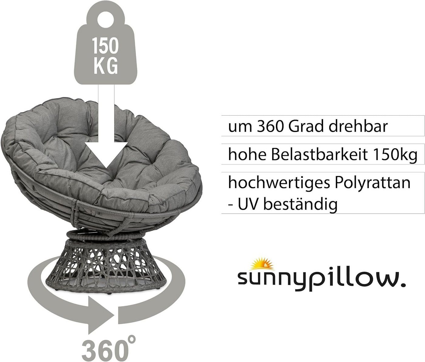 sunnypillow Rattanstuhl Papasansessel, Rattansessel mit Kissen rund Durchmesser 120 cm, Grau – Bild 3 von 5