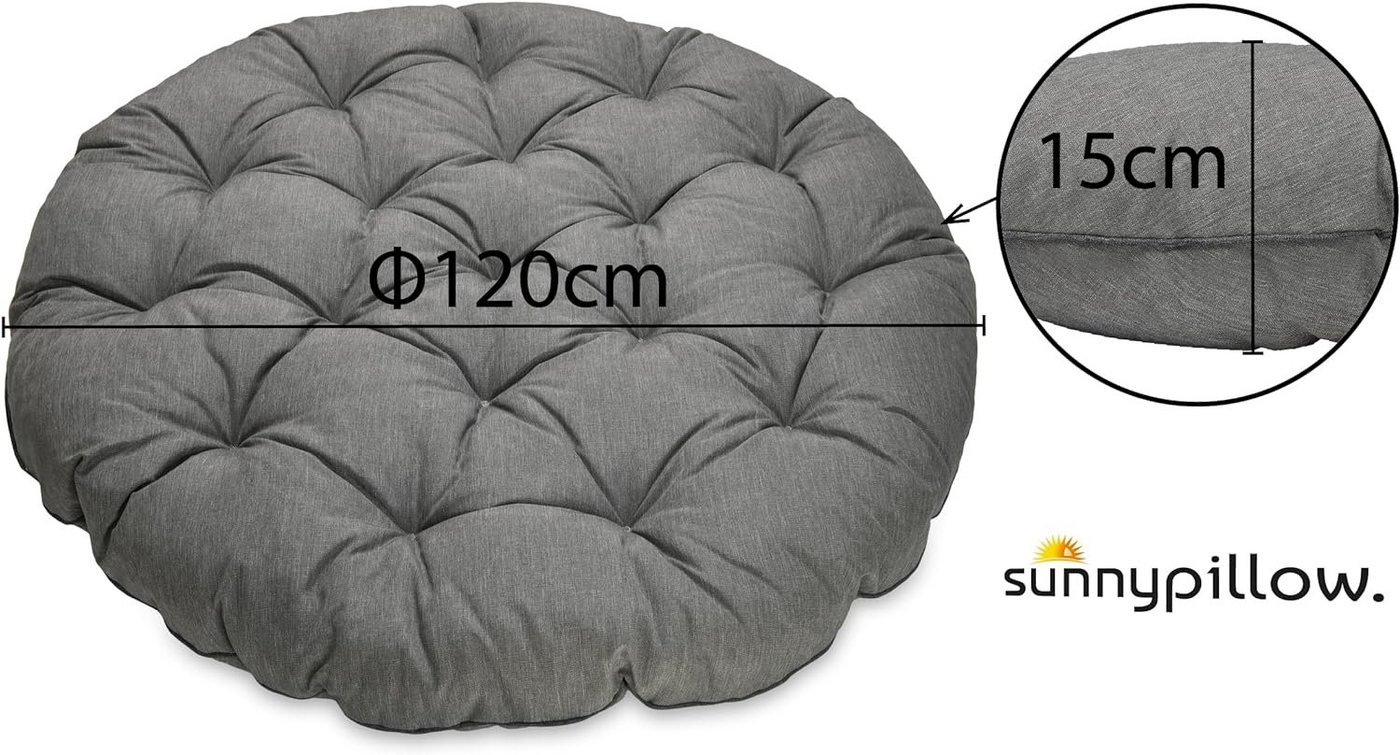 sunnypillow Rattanstuhl Papasansessel, Rattansessel mit Kissen rund Durchmesser 120 cm, Grau – Bild 5 von 5