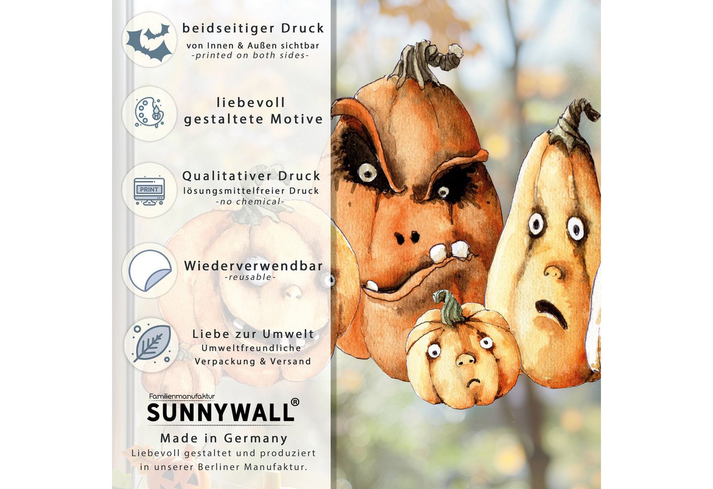 Sunnywall Fensterbild Fensterbild wiederverwendbare Fensterbilder Halloween Kürbisse, wiederverwendbar, statisch haftend, beidseitiger Druck – Bild 5 von 5