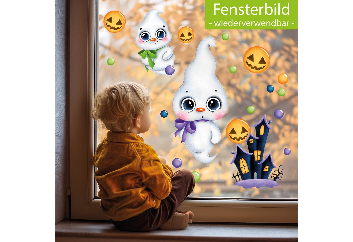 Sunnywall Fensterbild Fensterbild wiederverwendbare Fensterbilder Halloween Gespenster, wiederverwendbar, statisch haftend, beidseitiger Druck – Bild 2 von 5