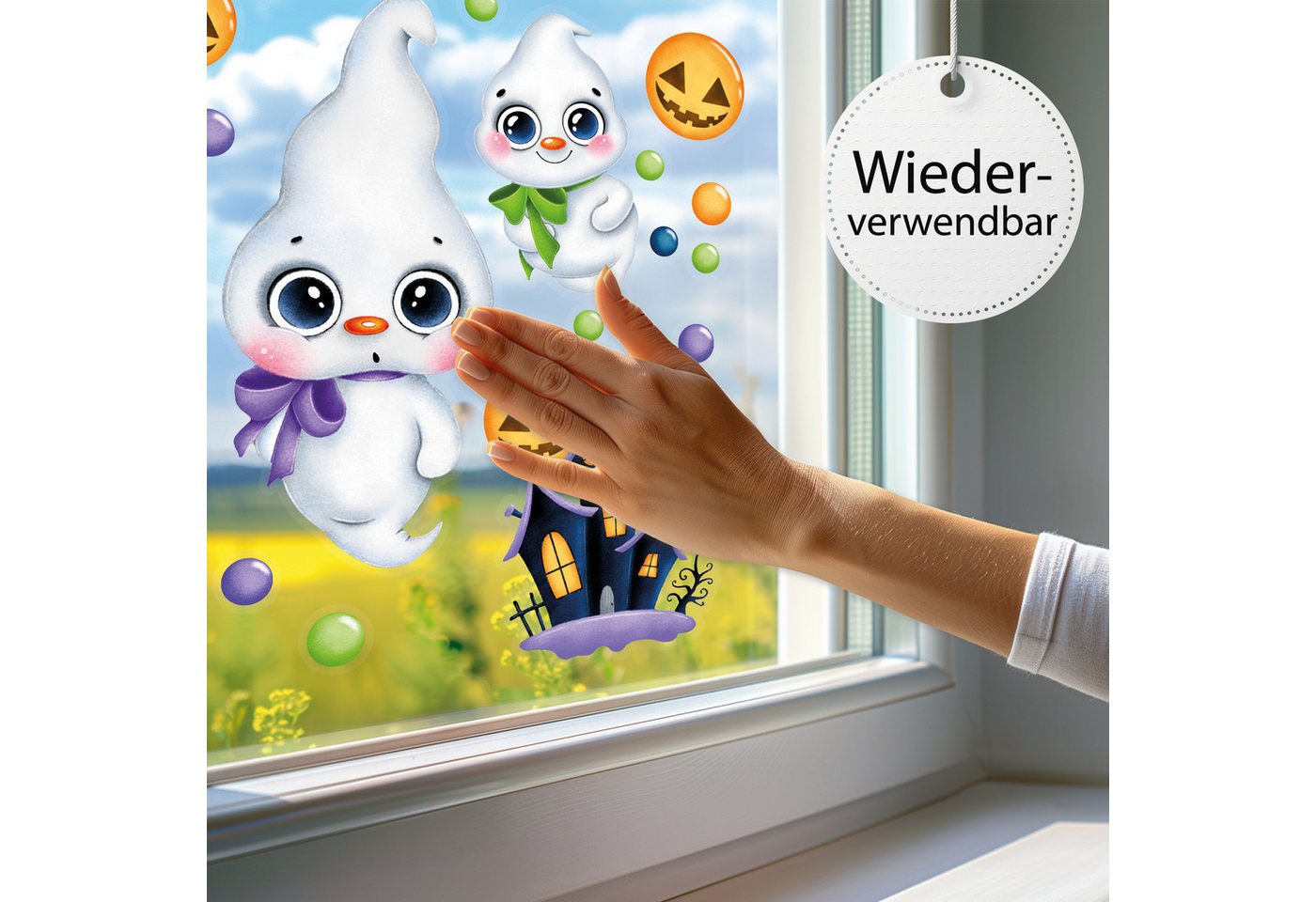 Sunnywall Fensterbild Fensterbild wiederverwendbare Fensterbilder Halloween Gespenster, wiederverwendbar, statisch haftend, beidseitiger Druck – Bild 3 von 5