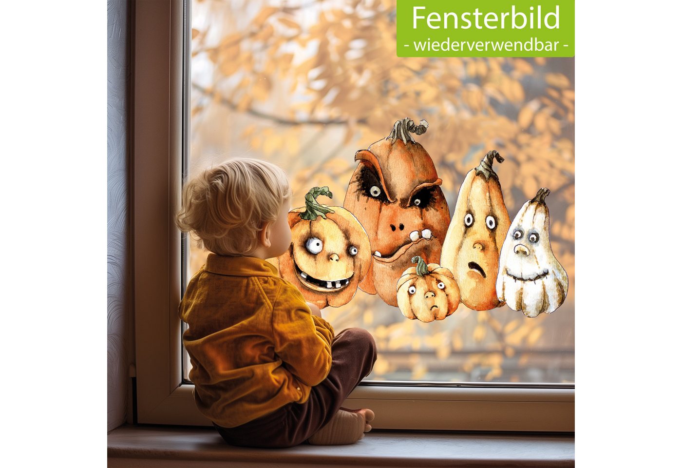 Sunnywall Fensterbild Fensterbild wiederverwendbare Fensterbilder Halloween Kürbisse, wiederverwendbar, statisch haftend, beidseitiger Druck – Bild 2 von 5