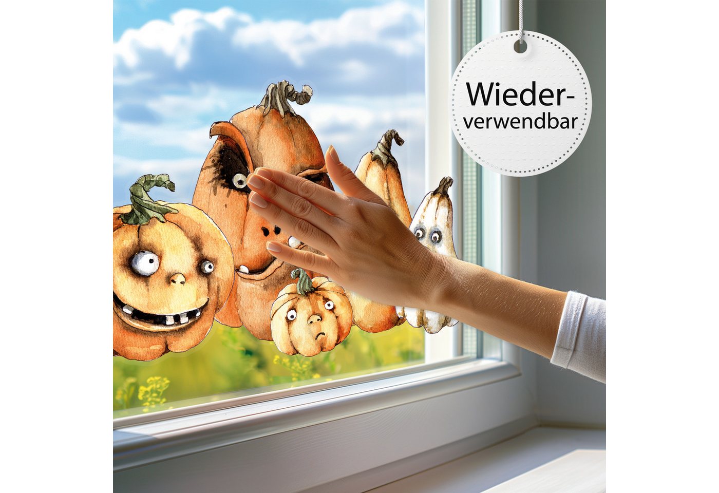 Sunnywall Fensterbild Fensterbild wiederverwendbare Fensterbilder Halloween Kürbisse, wiederverwendbar, statisch haftend, beidseitiger Druck – Bild 3 von 5