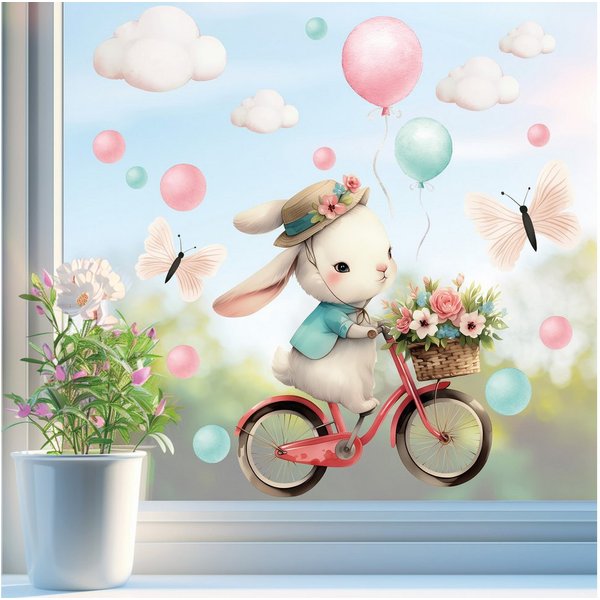 Sunnywall Fensterdekoration wiederverwendbares Fensterbild Hase auf Fahrrad Ballon Schmetterling, wiederverwendbar, statisch haftend, beidseitiger Druck