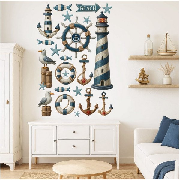Sunnywall Wandtattoo Aufkleber Maritim Set – Leuchtturm, Möwen, Anker & Seesterne, selbstklebend, konturgeschnitten, rückstandslos entfernbar