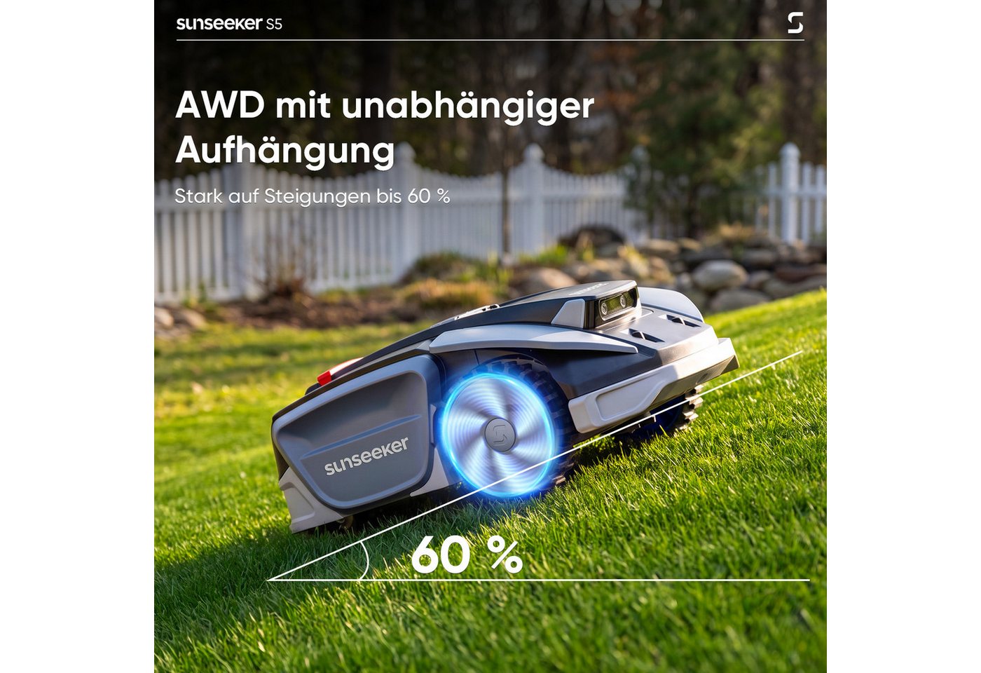 Sunseeker Rasenmähroboter S5, bis 1600 m² Rasenfläche, (Packung), AWD, RTK+Vision, KI Kartierung, 60% Steigung, App-Steuerung – Bild 2 von 5