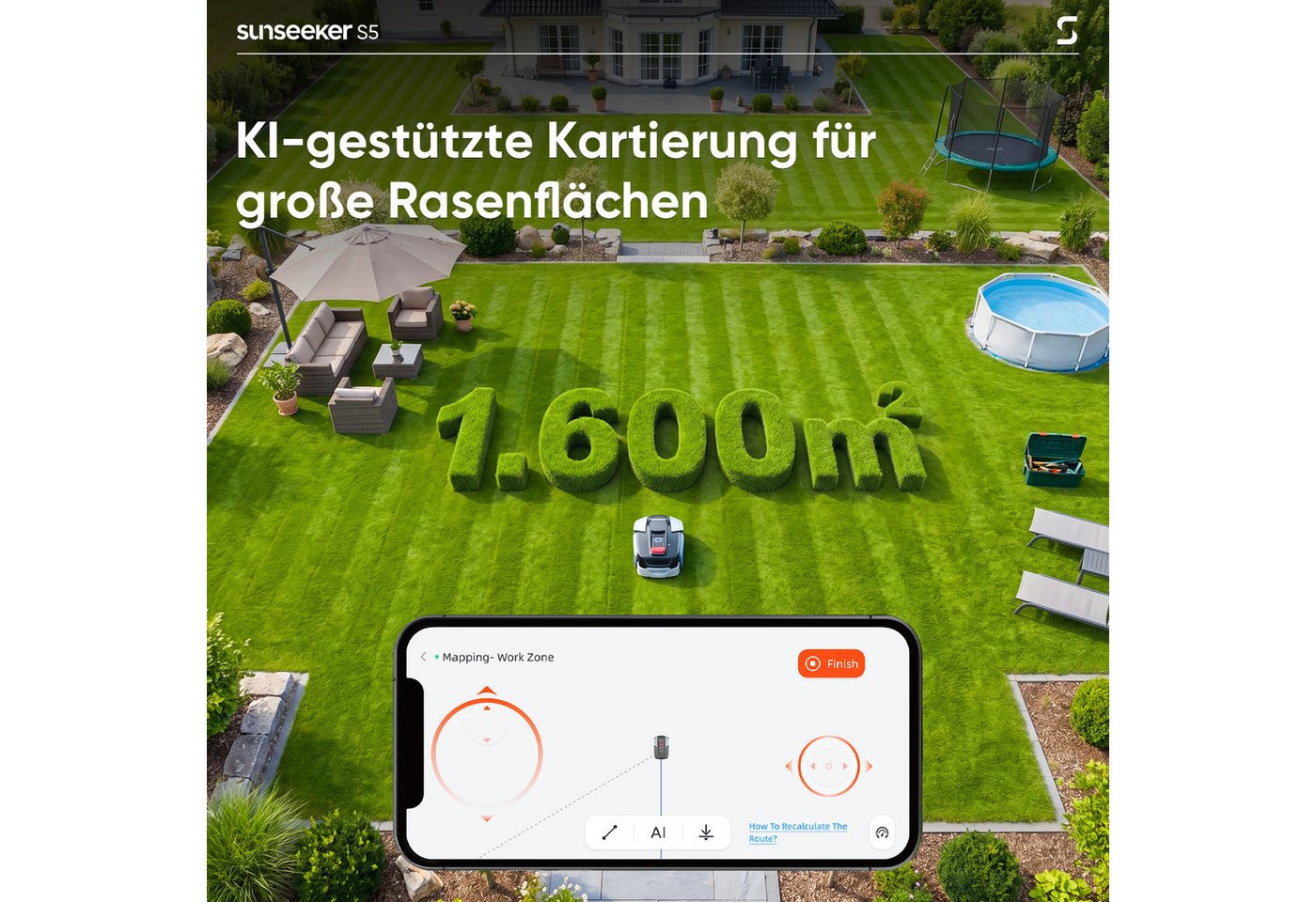 Sunseeker Rasenmähroboter S5, bis 1600 m² Rasenfläche, (Packung), AWD, RTK+Vision, KI Kartierung, 60% Steigung, App-Steuerung – Bild 3 von 5