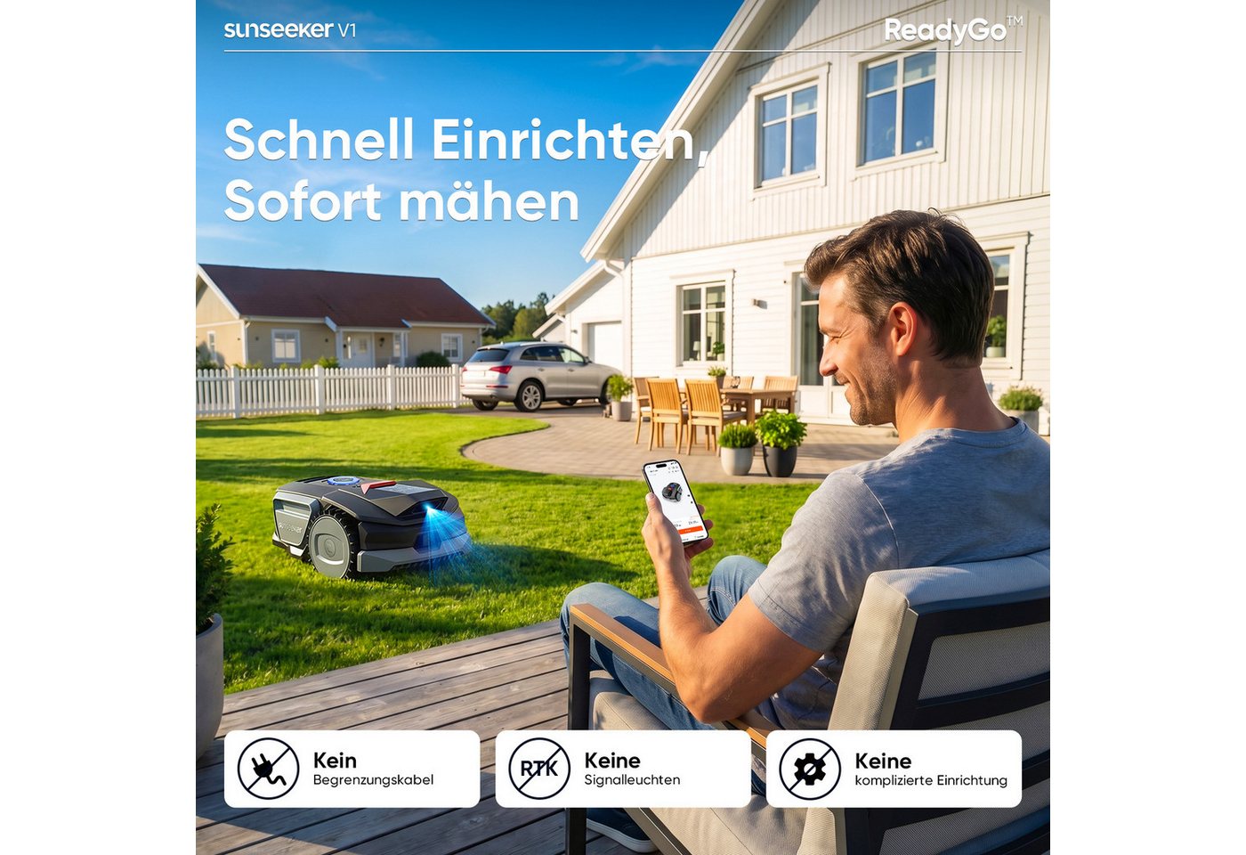 Sunseeker Rasenmähroboter V1, bis 300 m² Rasenfläche, (Packung), Ein-Klick-Mähen, Vision AI, 27% Steigung, 55 dB, App-Steuerung – Bild 2 von 5