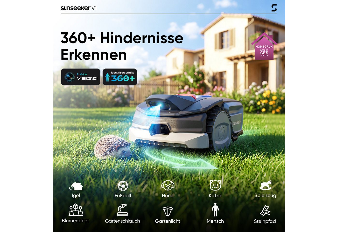 Sunseeker Rasenmähroboter V1, bis 300 m² Rasenfläche, (Packung), Ein-Klick-Mähen, Vision AI, 27% Steigung, 55 dB, App-Steuerung – Bild 3 von 5