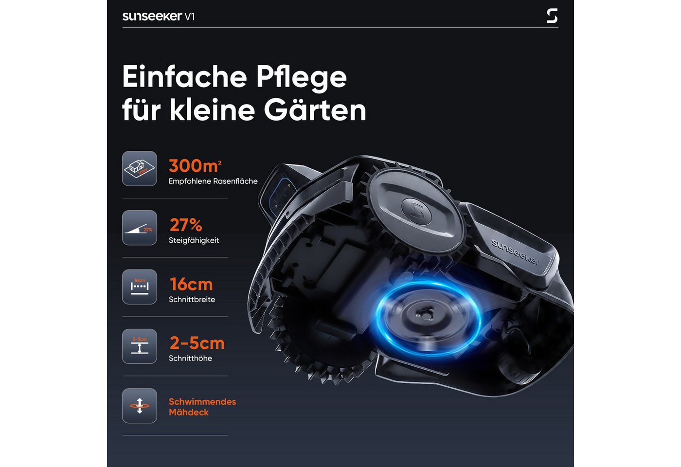 Sunseeker Rasenmähroboter V1, bis 300 m² Rasenfläche, (Packung), Ein-Klick-Mähen, Vision AI, 27% Steigung, 55 dB, App-Steuerung – Bild 5 von 5