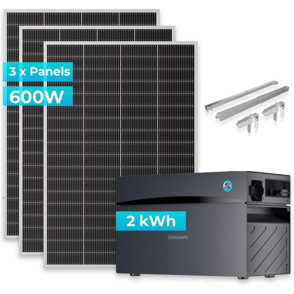 Sunshare Balkonkraftwerk Ray Lite 600W + 2 kWh Glory & Halterung – Modular erweiterbares, 600 W, Monokristallin N‑Typ TOPCon, (Balkonkraftwerk-Komplettset mit S