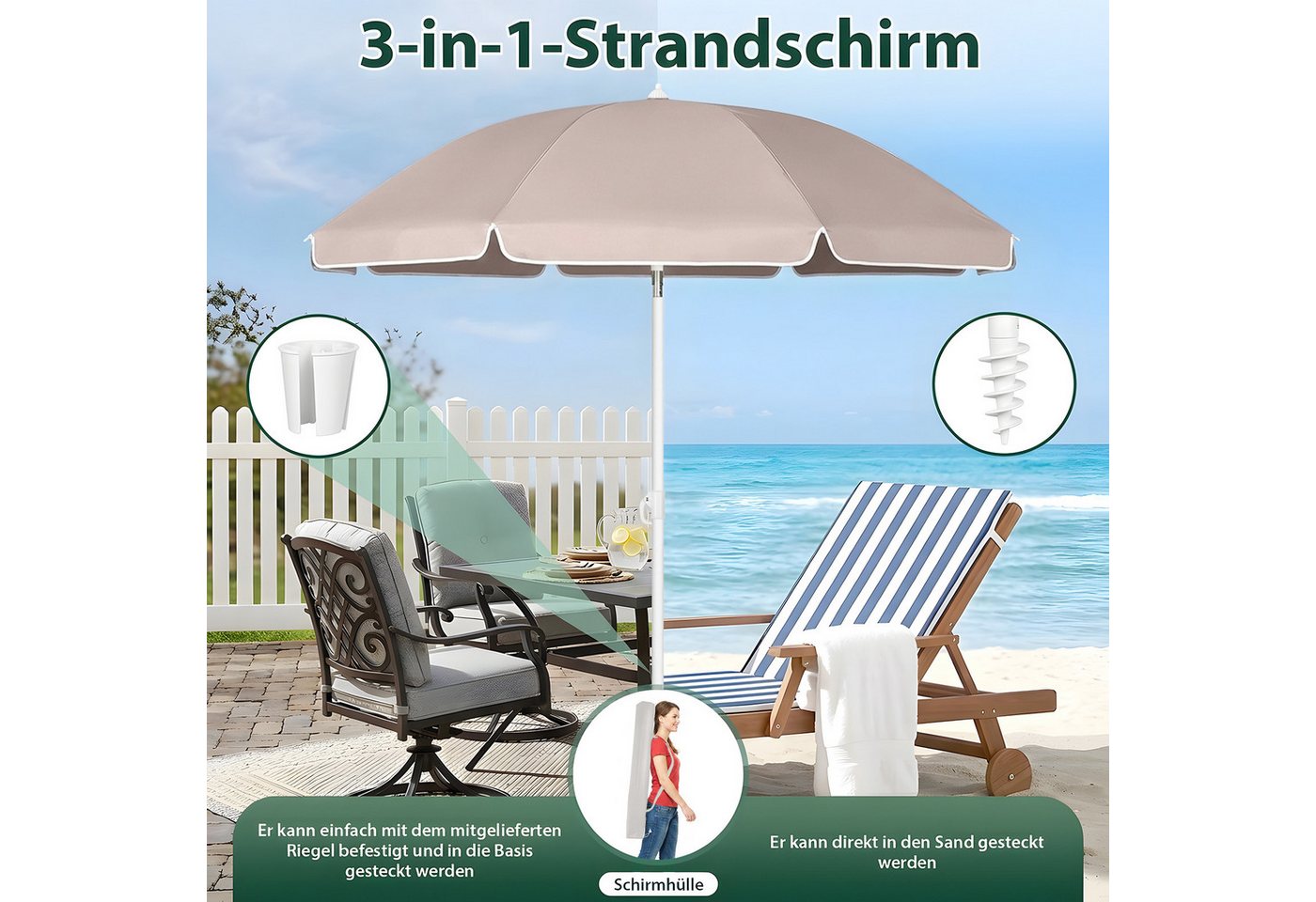 SUNULA Sonnenschirm 160 cm Balkonschirm Strandschirm knickbar mit Bodenhülse & Schutzhülle, Höhenverstellbar und Neigbar, UV-Schutz 50+ – Bild 3 von 5