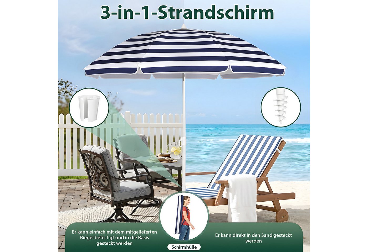 SUNULA Sonnenschirm 160 cm Balkonschirm Strandschirm knickbar mit Bodenhülse & Schutzhülle, Höhenverstellbar und Neigbar, UV-Schutz 50+ – Bild 3 von 5