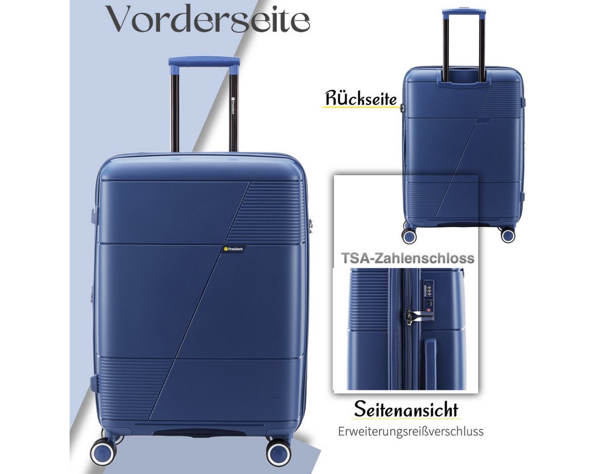 Super Solu Hartschalen-Trolley robuster & stabiler Hartschalenkoffer aus PP-Kunststoff, 4 Rollen, 24 Zoll, Blau, TSA-Zahlenschloss und Teleskopgriff und Erweitb – Bild 2 von 5