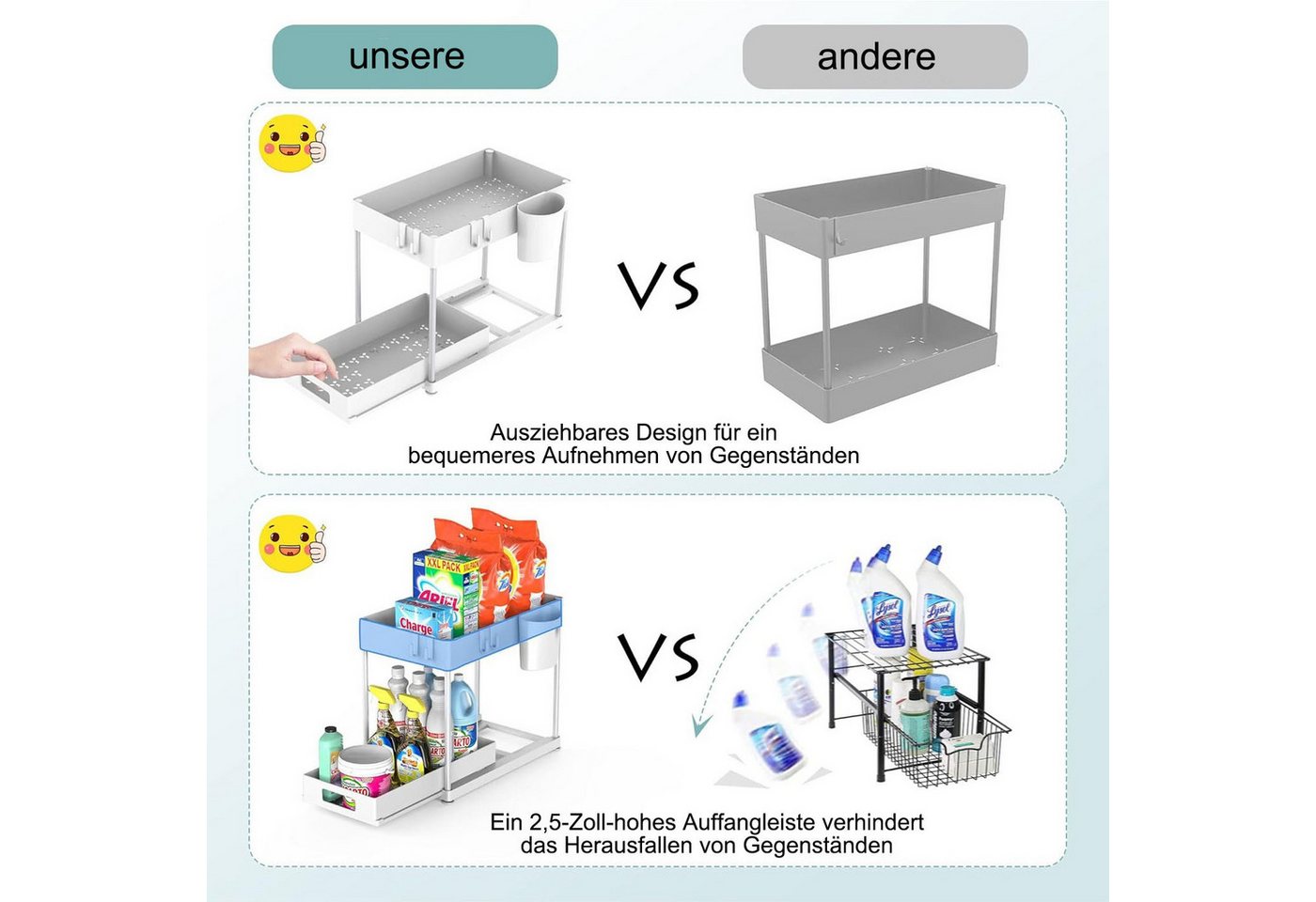 SURFOU Ablageregal Arbeitsplatte Badezimmer Schubladen Küchen Organizer Regal, Multifunktionales Spülschrankregal mit Schublade, 8 Haken und 2 Tassen, 2-Stufige – Bild 4 von 5