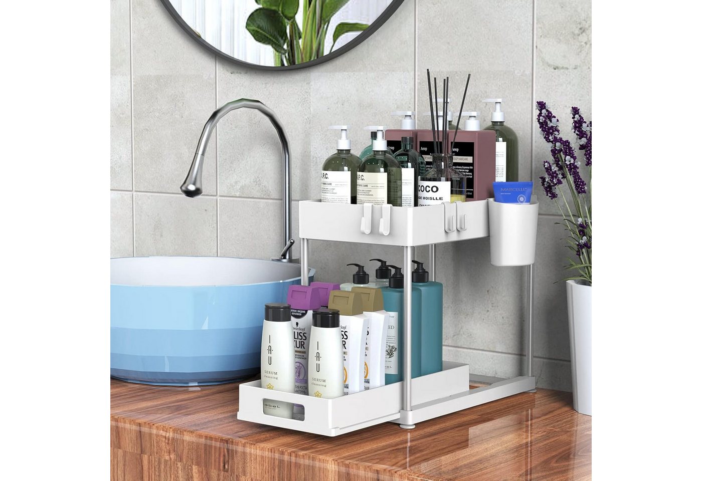 SURFOU Ablageregal Arbeitsplatte Badezimmer Schubladen Küchen Organizer Regal, Multifunktionales Spülschrankregal mit Schublade, 4 Haken und 1 Tassen, 2-Stufige – Bild 5 von 5