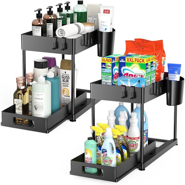 SURFOU Ablageregal Arbeitsplatte Badezimmer Schubladen Küchen Organizer Regal, Multifunktionales Spülschrankregal mit Schublade, 8 Haken und 2 Tassen, 2-Stufige