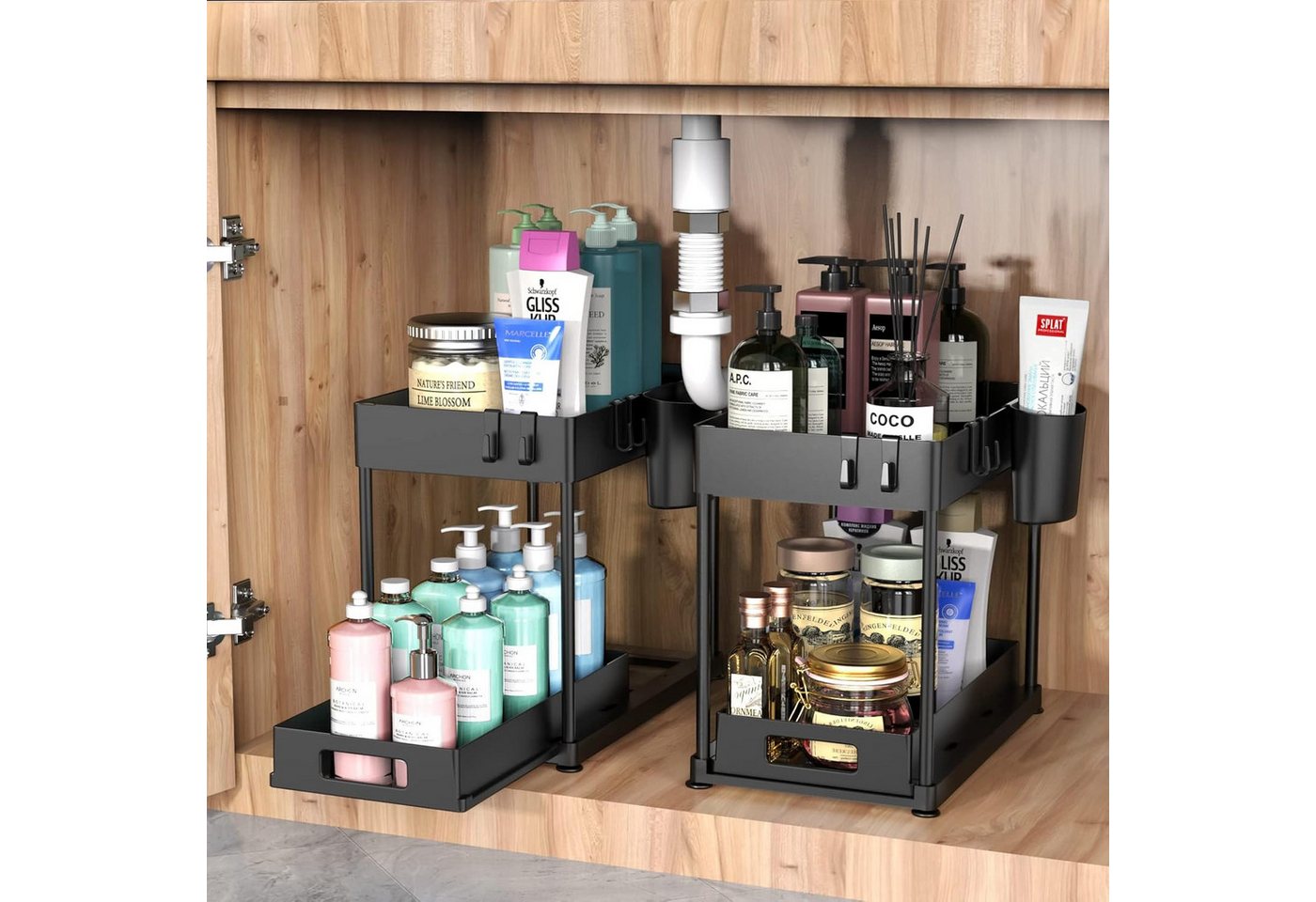 SURFOU Ablageregal Arbeitsplatte Badezimmer Schubladen Küchen Organizer Regal, Multifunktionales Spülschrankregal mit Schublade, 8 Haken und 2 Tassen, 2-Stufige – Bild 2 von 5