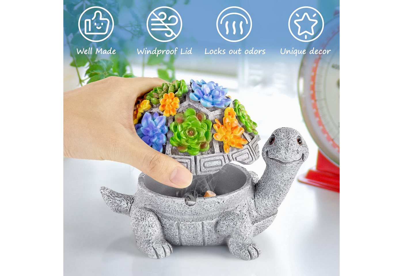 SURFOU Aschenbecher Ascher mit Deckel Schildkröte – Windgeschützter Tischascher aus Harz, Dekorativer Aschenbecher aus Resin mit Deckel, windfest und handbemalt – Bild 2 von 5