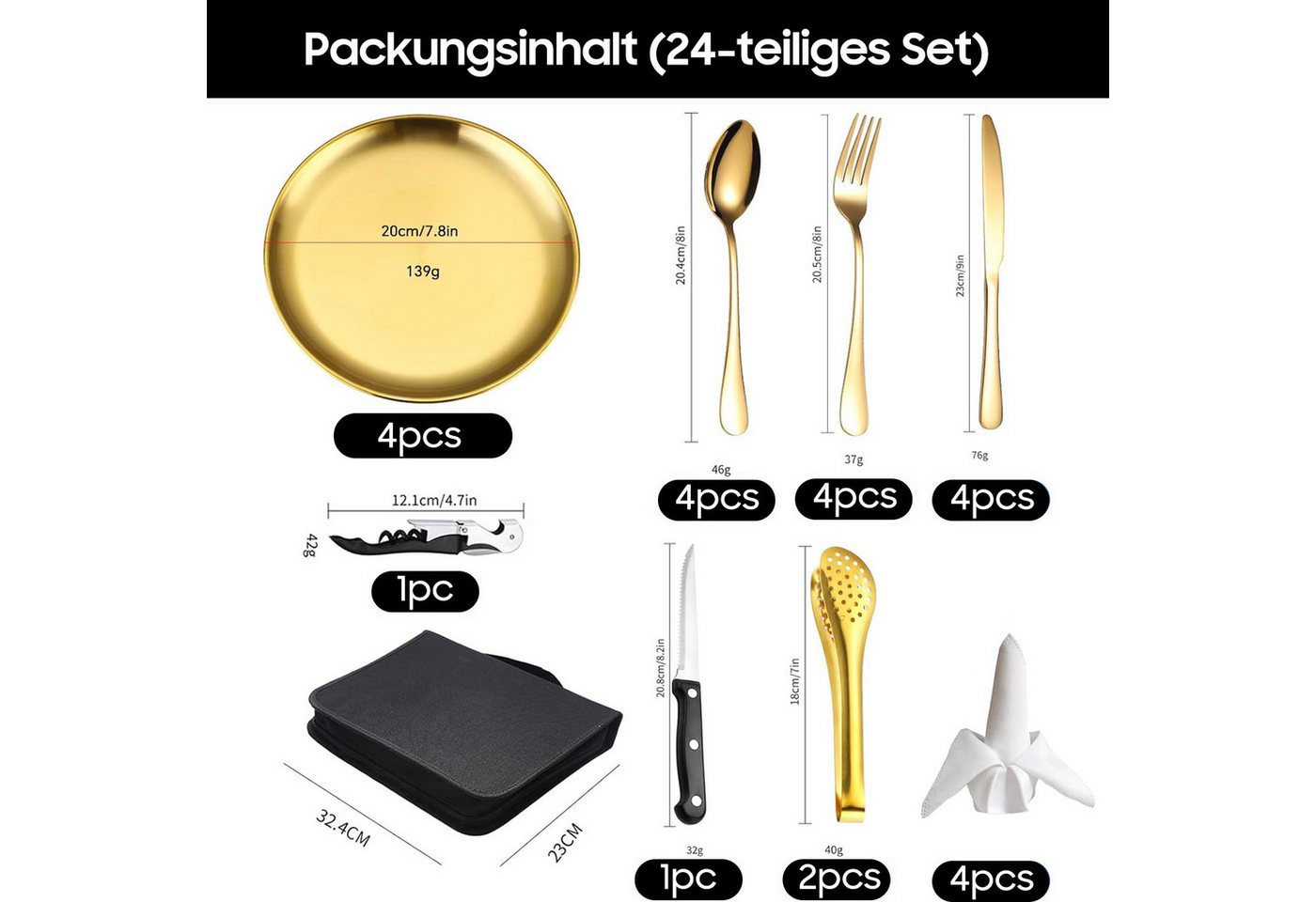 SURFOU Besteck-Set Camping Geschirr Set 4 Personen, 24 Stück Camping Besteck Set, 4 Personen, Besteck Camping mit Löffel Gabel Messer Teller Clip für Camping,Re – Bild 2 von 5
