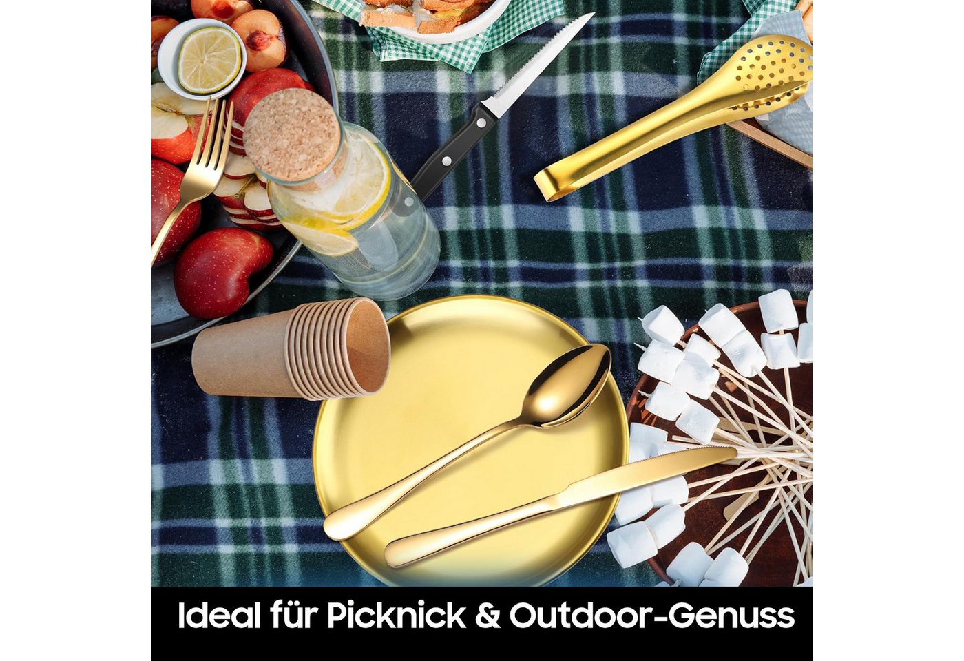 SURFOU Besteck-Set Camping Geschirr Set 4 Personen, 24 Stück Camping Besteck Set, 4 Personen, Besteck Camping mit Löffel Gabel Messer Teller Clip für Camping,Re – Bild 4 von 5