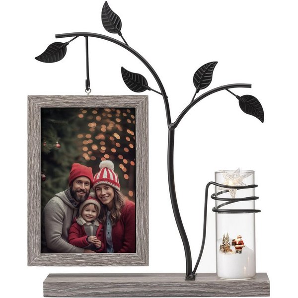 SURFOU Bilderrahmen zum Basteln Holz Bilderrahmen Doppelglas, Schwarz, Moderner Fotorahmen mit Vase, für 2 Bilder (10x15 cm MDF-Konstruktion Metallbaum Bilderra