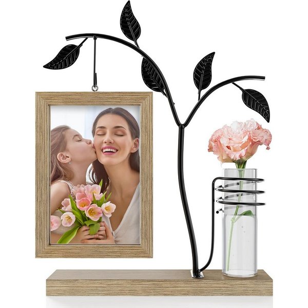 SURFOU Bilderrahmen zum Basteln Holz Bilderrahmen Doppelglas, Schwarz, Moderner Fotorahmen mit Vase, für 2 Bilder (10x15 cm MDF-Konstruktion Metallbaum Bilderra