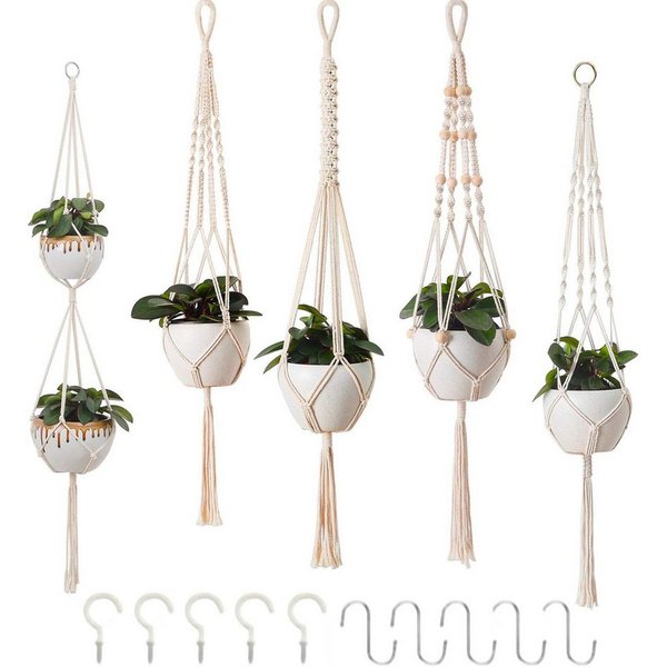 SURFOU Blumenampel Makramee-Blumenampel, 5er Set, Baumwoll-Hanfseil, Pflanzenhänger, Handgeknüpft mit 10 Haken, Boho Deko für Wohnzimmer & Balkon