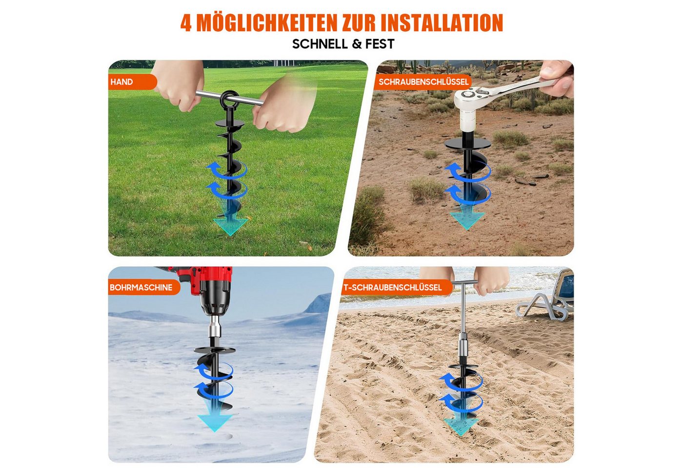 SURFOU Bodenanker Bodenanker Erdanker 4 Set Trampolin und Zelte Befestigung, für Outdoorbereich, Zelte, Vordächer, Spiral Bodenanker, Eindrehen – Bild 4 von 5