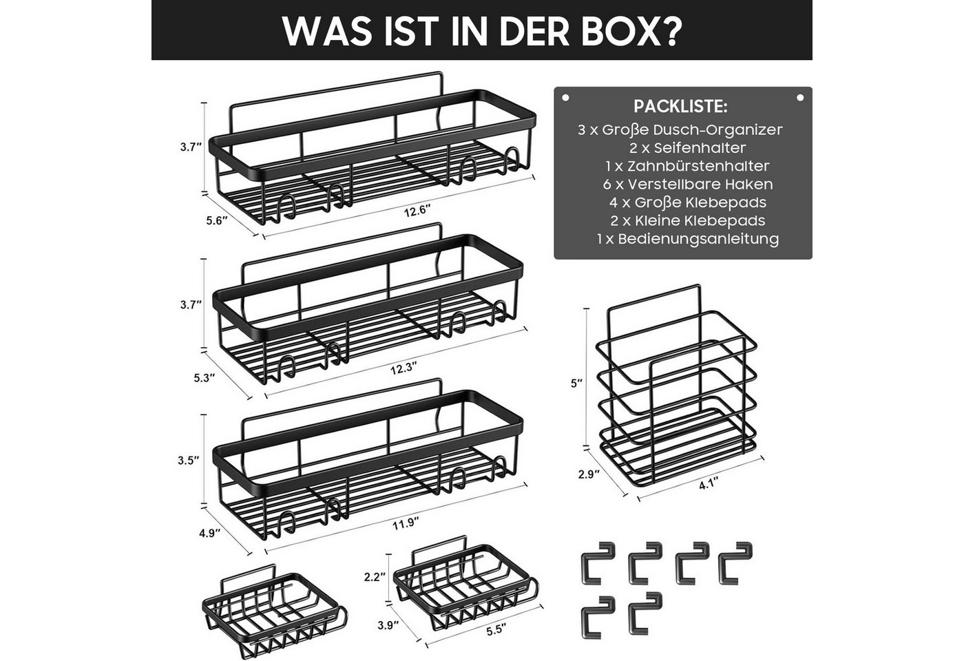 SURFOU Duschablage Ohne Bohren 6 Stuck, Stark Haftendes Duschregal,Badezimmer Regal, mit Zahnpastahalter und Seifenhalter, Duschkorb – Bild 2 von 5