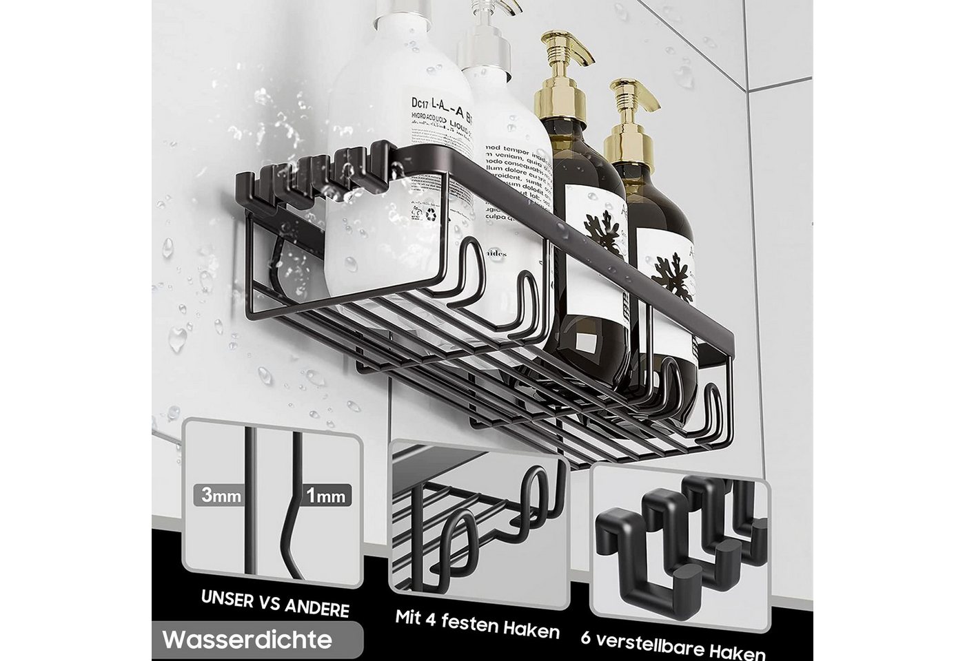 SURFOU Duschablage Ohne Bohren 6 Stuck, Stark Haftendes Duschregal,Badezimmer Regal, mit Zahnpastahalter und Seifenhalter, Duschkorb – Bild 3 von 5