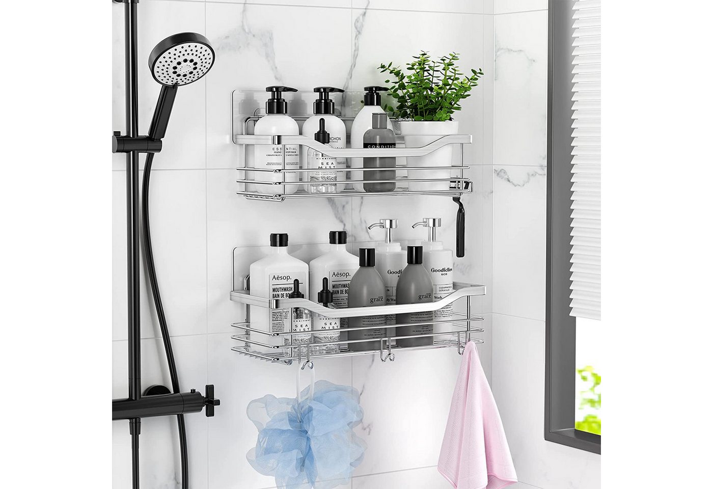 SURFOU Duschregal Duschablage Set ohne Bohren, Edelstahl Regal für Bad und Küche, Duschablage ohne Bohren 2 Stück set, mit 5 haken, zur Aufbewahrung von Shampoo – Bild 2 von 5