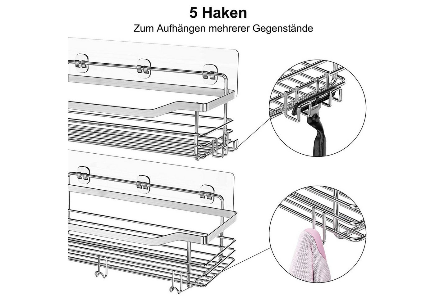 SURFOU Duschregal Duschablage Set ohne Bohren, Edelstahl Regal für Bad und Küche, Duschablage ohne Bohren 2 Stück set, mit 5 haken, zur Aufbewahrung von Shampoo – Bild 3 von 5