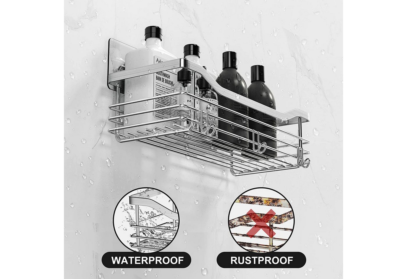 SURFOU Duschregal Duschablage Set ohne Bohren, Edelstahl Regal für Bad und Küche, Duschablage ohne Bohren 2 Stück set, mit 5 haken, zur Aufbewahrung von Shampoo – Bild 4 von 5