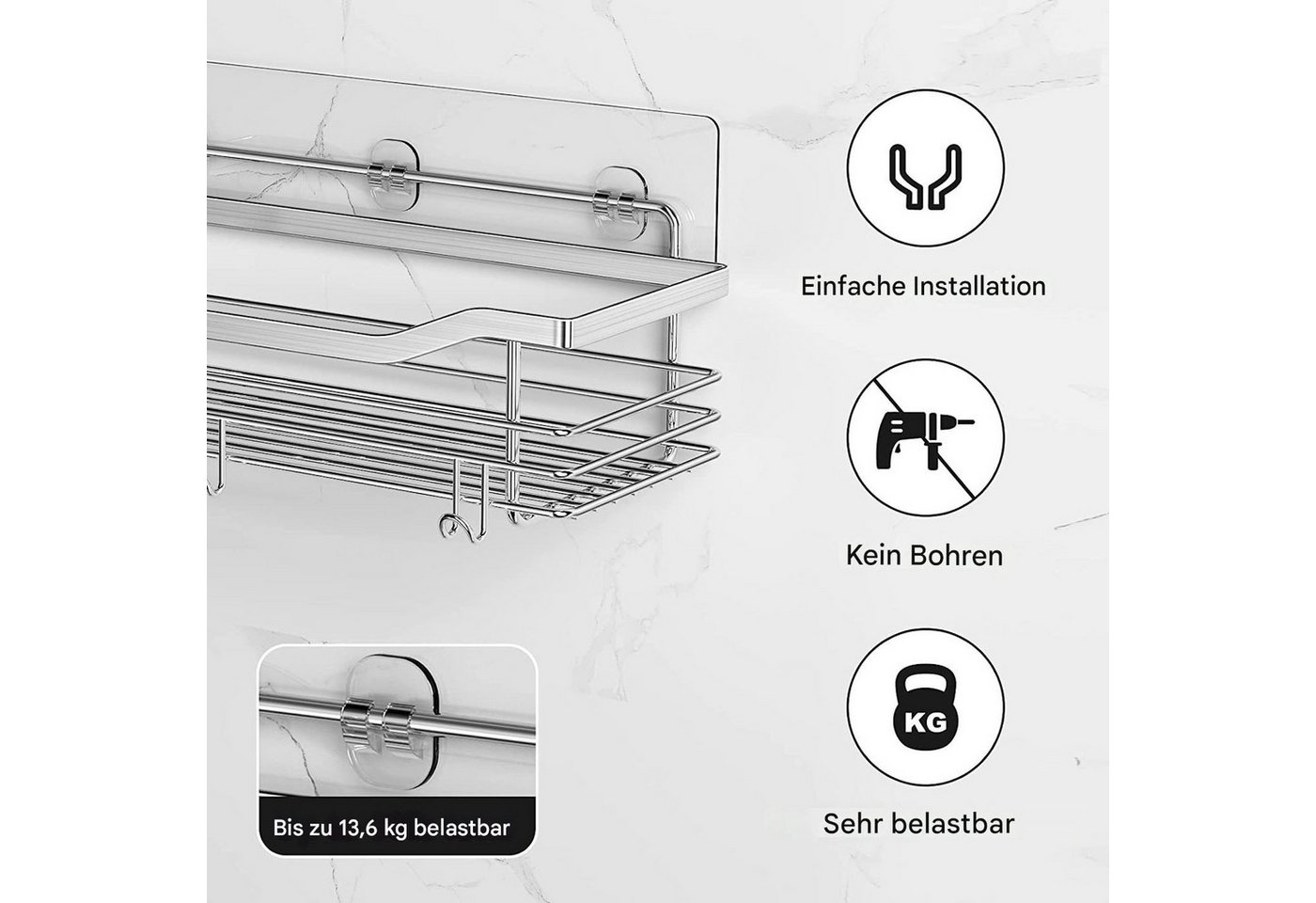 SURFOU Duschregal Duschablage Set ohne Bohren, Edelstahl Regal für Bad und Küche, Duschablage ohne Bohren 2 Stück set, mit 5 haken, zur Aufbewahrung von Shampoo – Bild 5 von 5