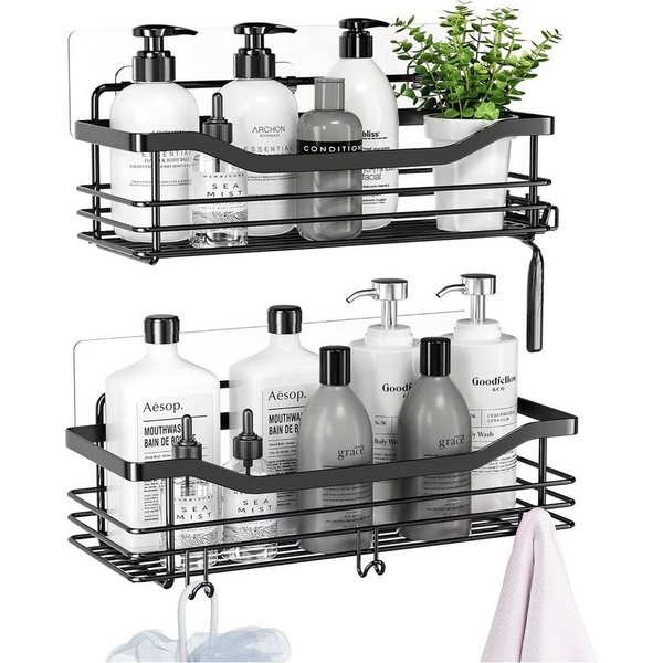 SURFOU Duschregal Duschablage Set ohne Bohren, Edelstahl Regal für Bad und Küche, Duschablage ohne Bohren 2 Stück set, mit 5 haken, zur Aufbewahrung von Shampoo