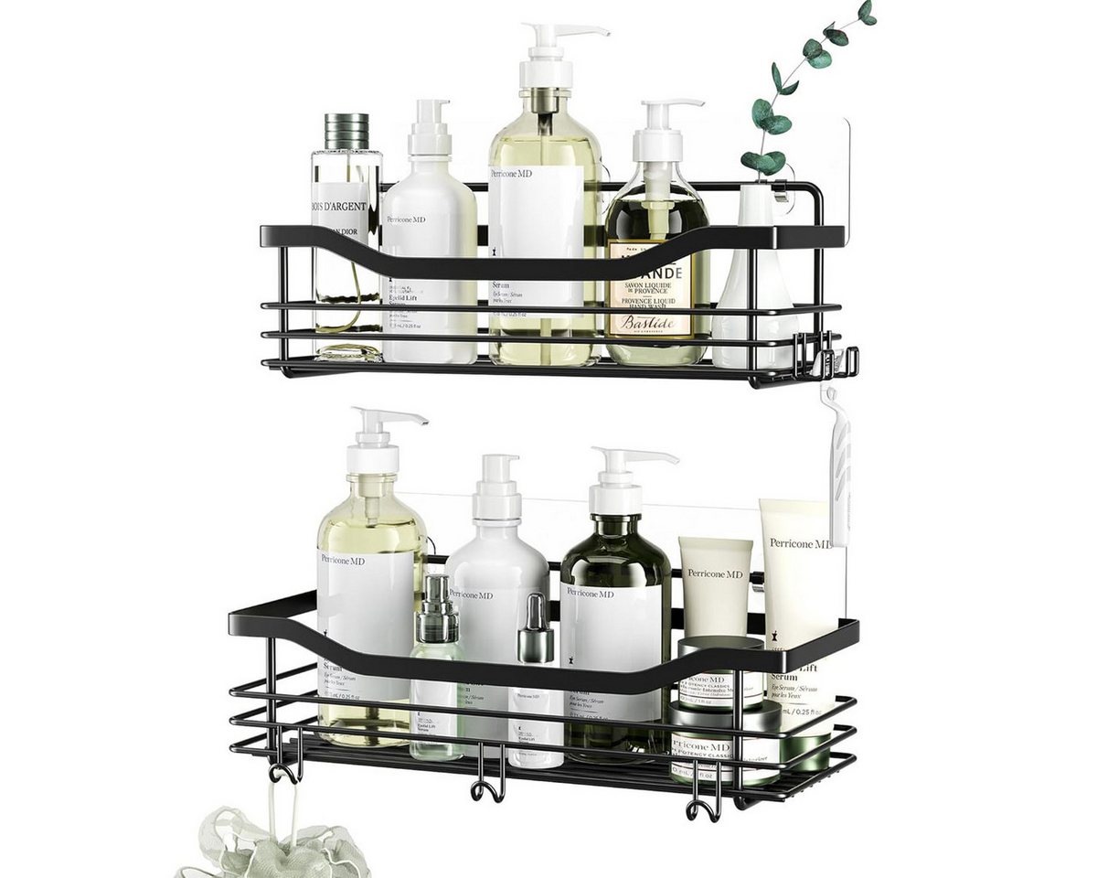 SURFOU Duschregal Duschablage Set ohne Bohren, Edelstahl Regal für Bad und Küche, Duschablage ohne Bohren 2 Stück set, mit 5 haken, zur Aufbewahrung von Shampoo – Bild 2 von 5