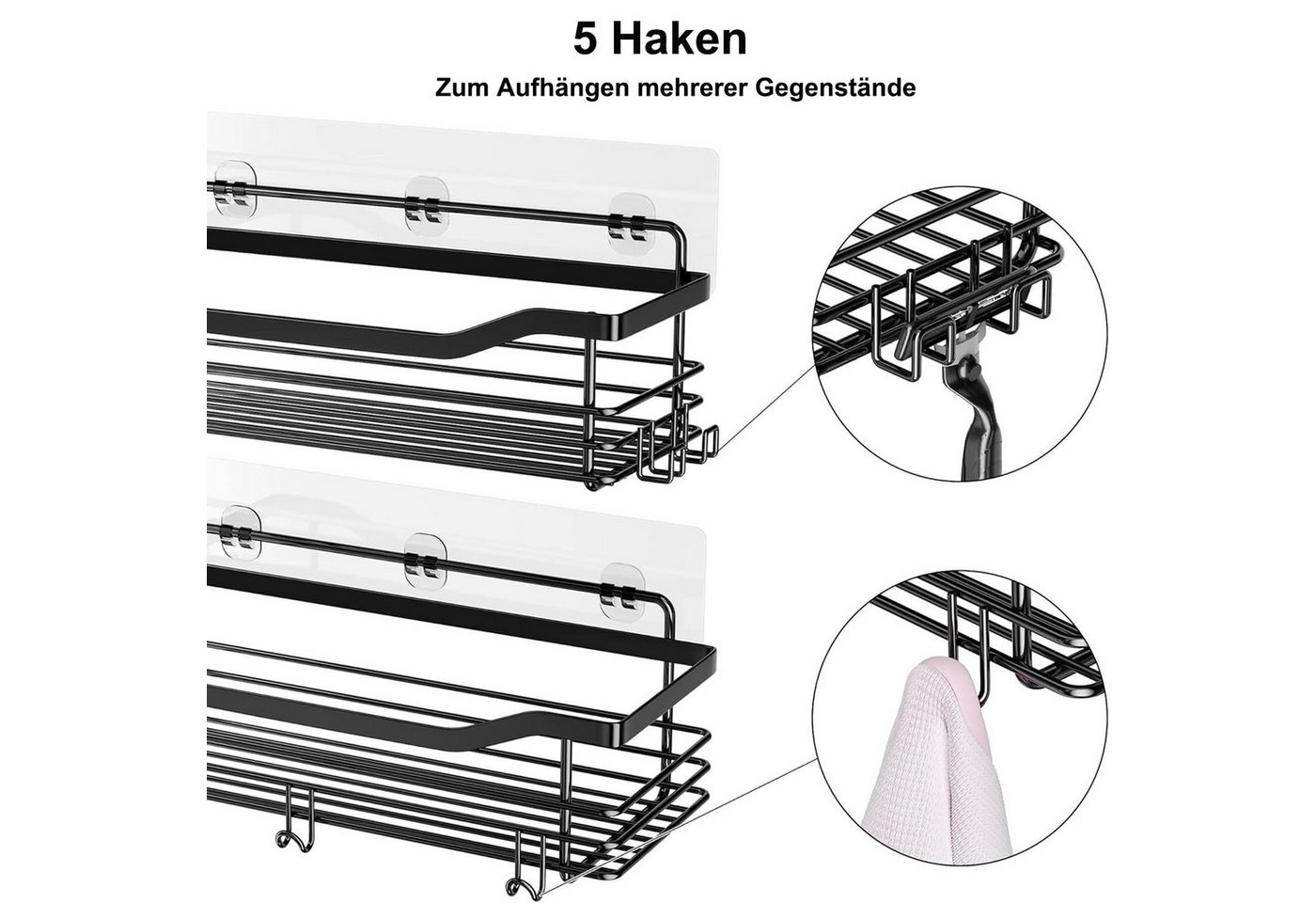 SURFOU Duschregal Duschablage Set ohne Bohren, Edelstahl Regal für Bad und Küche, Duschablage ohne Bohren 2 Stück set, mit 5 haken, zur Aufbewahrung von Shampoo – Bild 3 von 5
