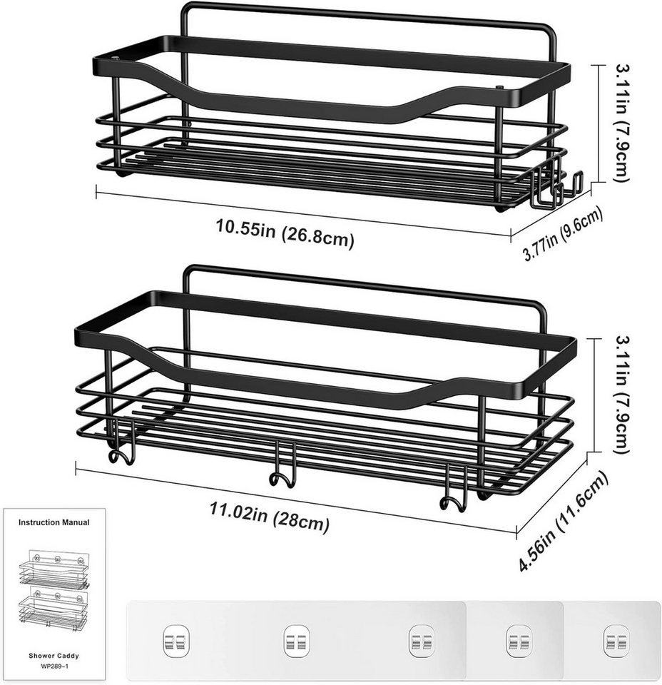SURFOU Duschregal Duschablage Set ohne Bohren, Edelstahl Regal für Bad und Küche, Duschablage ohne Bohren 2 Stück set, mit 5 haken, zur Aufbewahrung von Shampoo – Bild 4 von 5