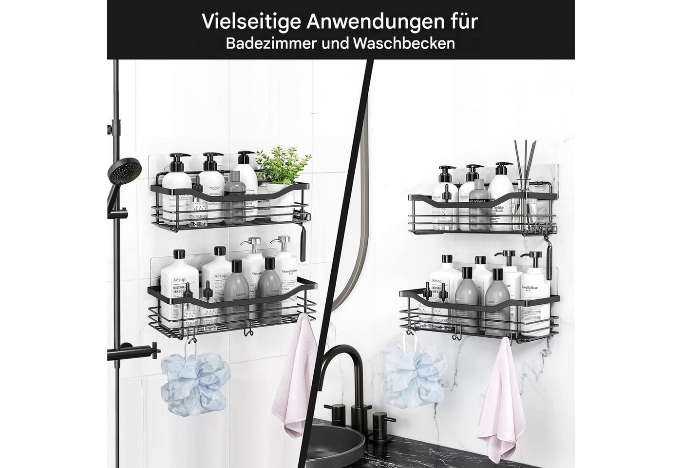SURFOU Duschregal Duschablage Set ohne Bohren, Edelstahl Regal für Bad und Küche, Duschablage ohne Bohren 2 Stück set, mit 5 haken, zur Aufbewahrung von Shampoo – Bild 5 von 5