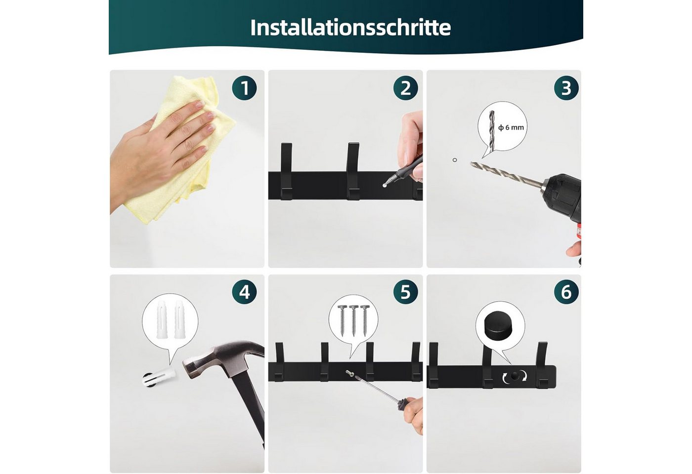 SURFOU Garderobenleiste, Wandgarderobe aus Metall, Garderobe Garderobenhaken, (2 Stück), Wand Hakenleiste ca. 30kg, für Flur, Bad und Küche, Tür – Bild 5 von 5