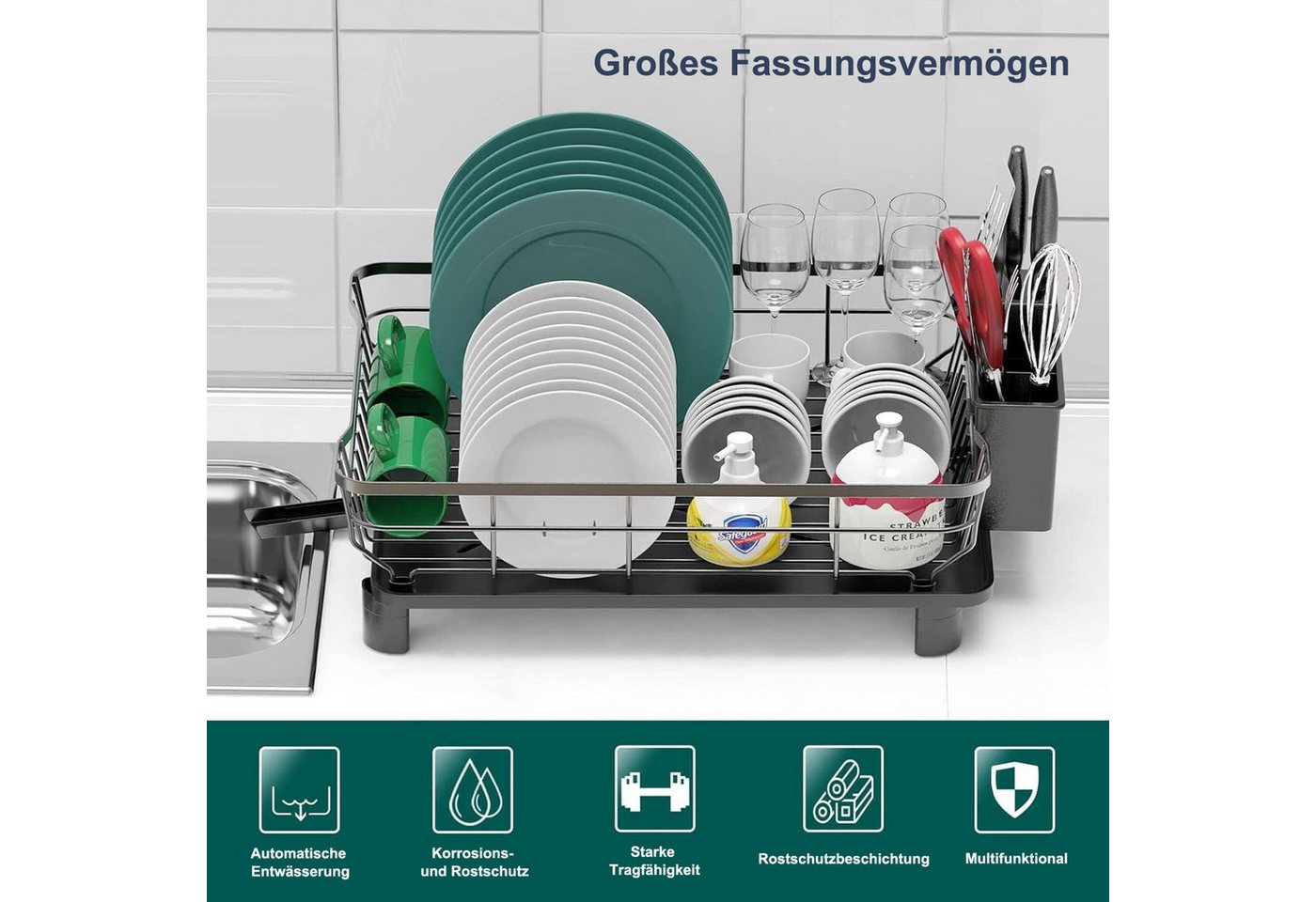 SURFOU Geschirrständer Abtropfgestell Geschirrabtropfgestell Abtropfschale Platzsparend, Zubehör für Platzsparender Abtropfgestell, mit Utensilienhalter & Messe – Bild 2 von 5