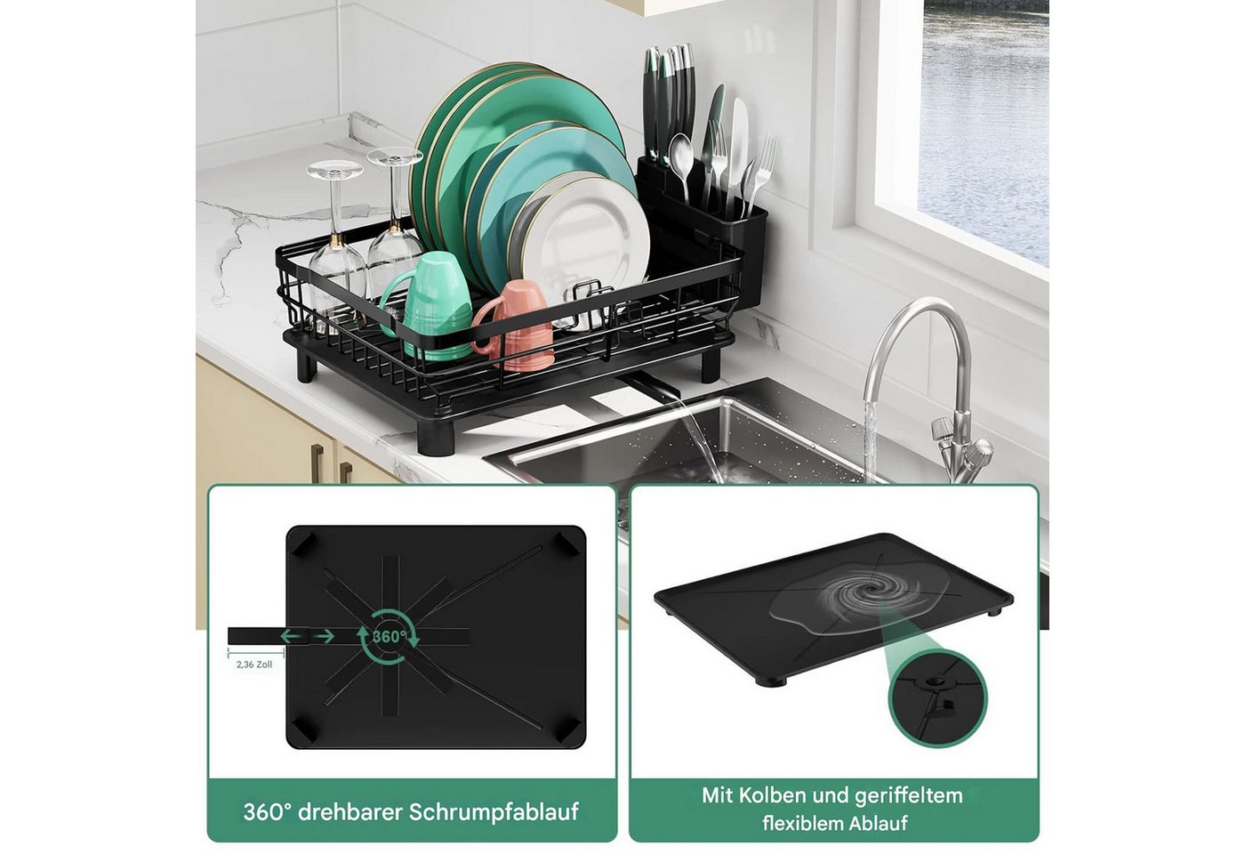 SURFOU Geschirrständer Abtropfgestell Geschirrabtropfgestell Abtropfschale Platzsparend, Zubehör für Platzsparender Abtropfgestell, mit Utensilienhalter & Messe – Bild 4 von 5