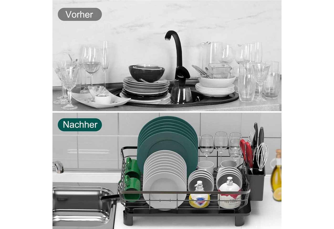 SURFOU Geschirrständer Abtropfgestell Geschirrabtropfgestell Abtropfschale Platzsparend, Zubehör für Platzsparender Abtropfgestell, mit Utensilienhalter & Messe – Bild 5 von 5