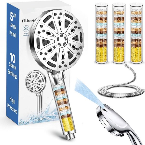 SURFOU Handbrause Duschkopf mit 4 Filter Hochdruck Handbrause mit Schlauch 10Strahlarten, (XL groß 5 Zoll Brause, Duschkopf mit schlauch, Duschkopf mit filter, 