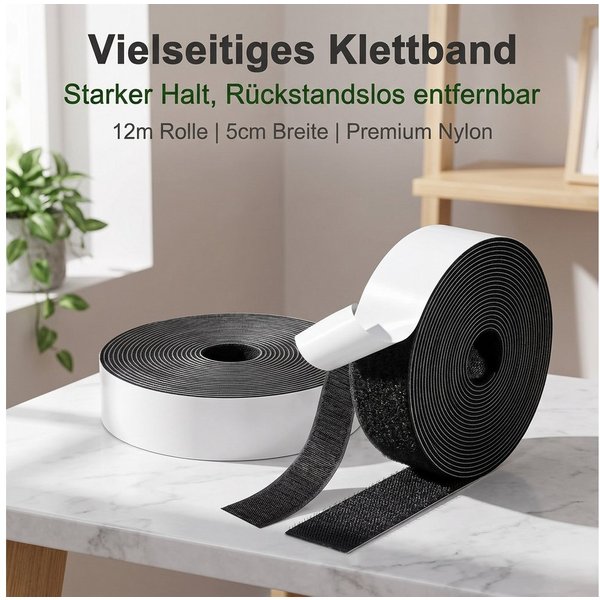 SURFOU Klettband Klettband selbstklebend extra stark 12m x 50mm Haushalt Büro