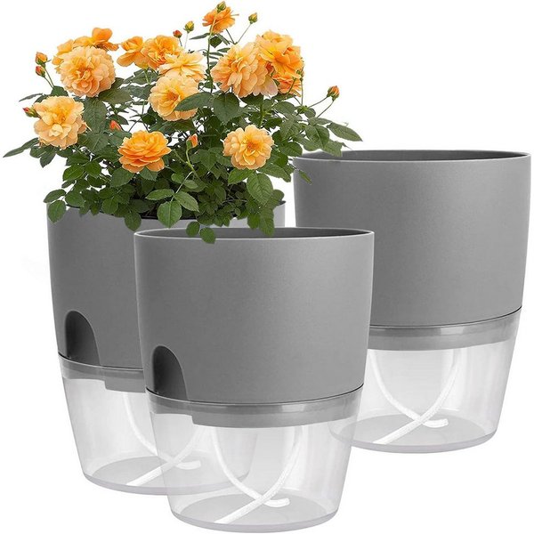 SURFOU Kräutertopf Blumentopf Selbstbewässerungstopf Pflanzentopf küche 3er-set Plantpot (Mit Wasserreservoir mit Bewässerungsseil sorgt, Wasserstandsanzeige, R