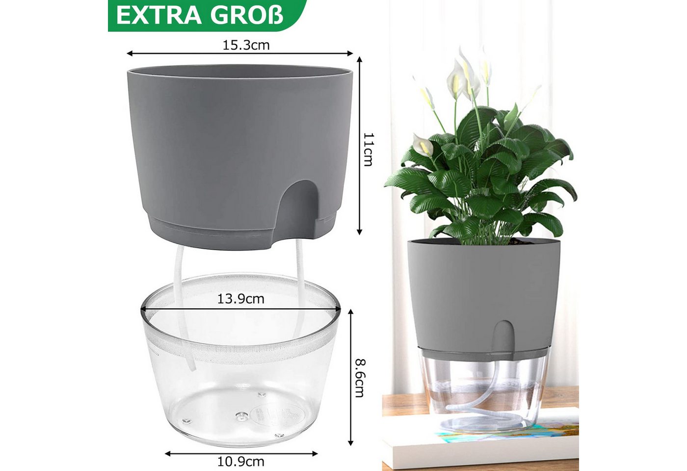 SURFOU Kräutertopf Blumentopf Selbstbewässerungstopf Pflanzentopf küche 3er-set Plantpot (Mit Wasserreservoir mit Bewässerungsseil sorgt, Wasserstandsanzeige, R – Bild 2 von 5