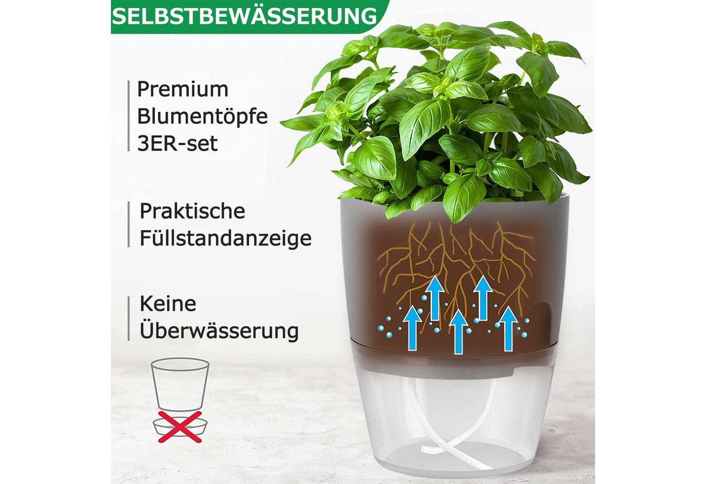 SURFOU Kräutertopf Blumentopf Selbstbewässerungstopf Pflanzentopf küche 3er-set Plantpot (Mit Wasserreservoir mit Bewässerungsseil sorgt, Wasserstandsanzeige, R – Bild 3 von 5